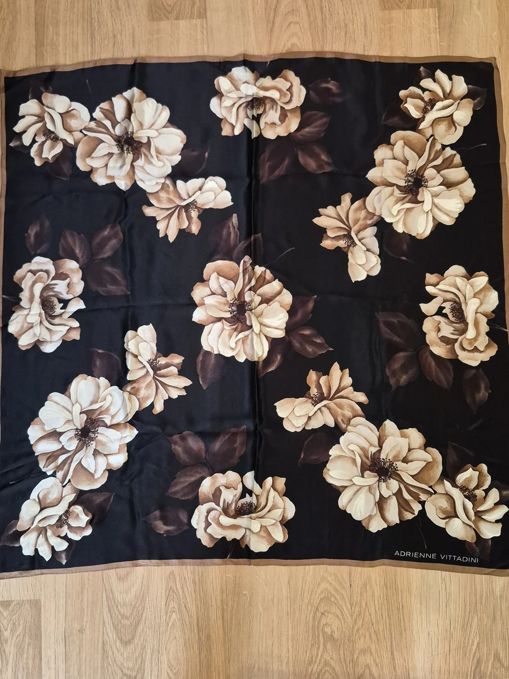 Vintage Adrienne Vittadini 100% Silk Floral Square Scarf Black Brown
